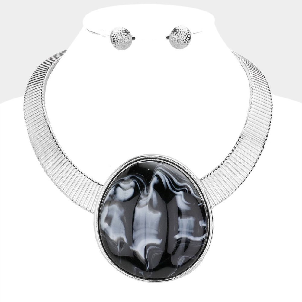 Black and Silver Marble pendant Necklace Set